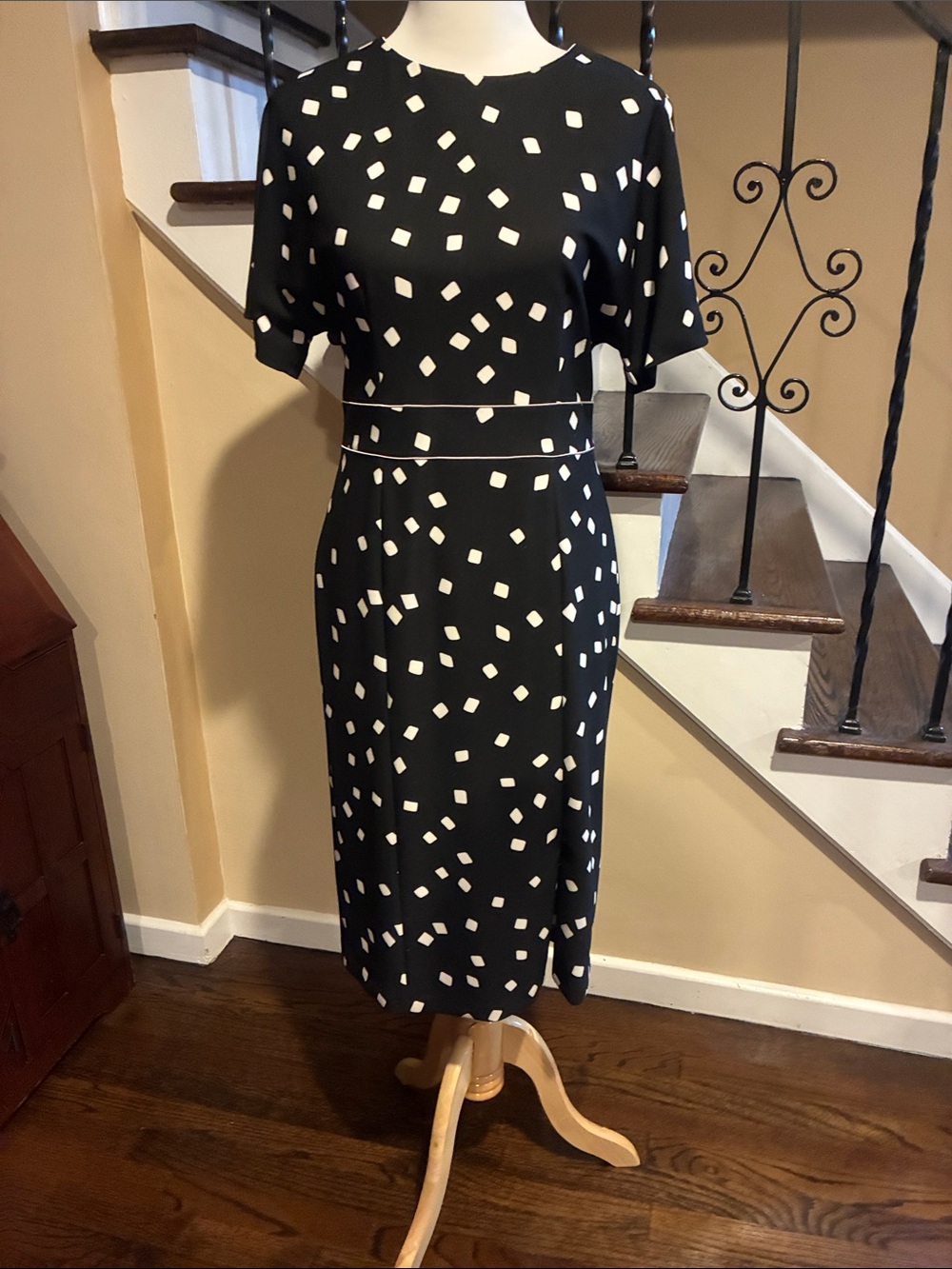 Donna Karan Black and White Printed Midi Dress - Classic Polka Square Print 6